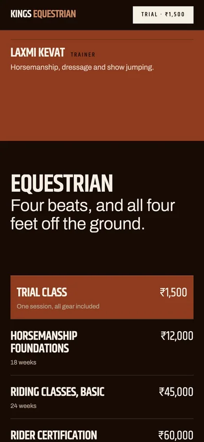 Kings Equestrian — the programmes, on a phone